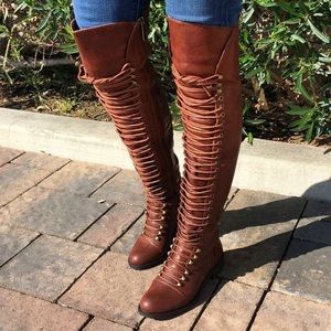 Brown Thigh High Combat Boots